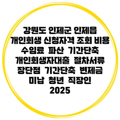 강원도 인제군 인제읍 개인회생 신청자격 조회 비용 수임료 | 파산 | 기간단축 | 개인회생자대출 | 절차서류 | 장단점 | 기간단축 | 변제금 미납 | 청년 | 직장인 2025