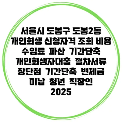 서울시 도봉구 도봉2동 개인회생 신청자격 조회 비용 수임료 | 파산 | 기간단축 | 개인회생자대출 | 절차서류 | 장단점 | 기간단축 | 변제금 미납 | 청년 | 직장인 2025