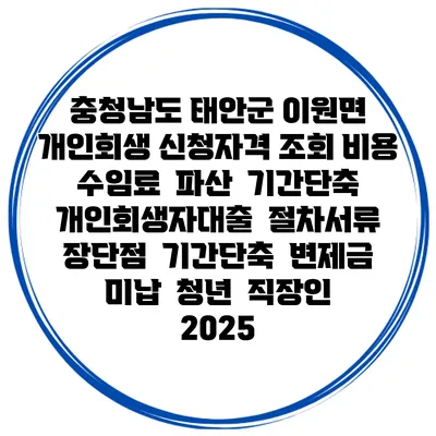 충청남도 태안군 이원면 개인회생 신청자격 조회 비용 수임료 | 파산 | 기간단축 | 개인회생자대출 | 절차서류 | 장단점 | 기간단축 | 변제금 미납 | 청년 | 직장인 2025